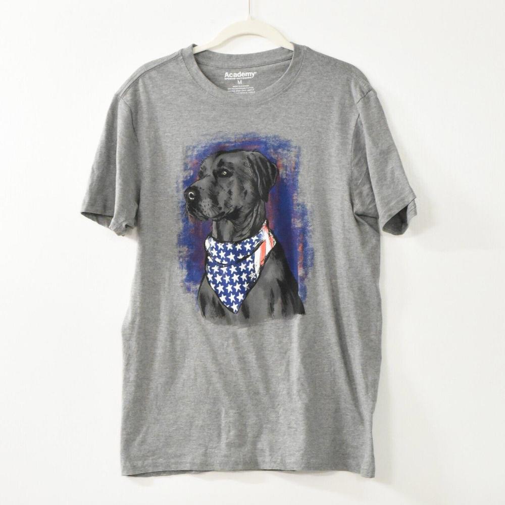 Academy Mens Gray T-Shirt Graphic Tee US Flag and Dog Crew Solid Short Sleeve M